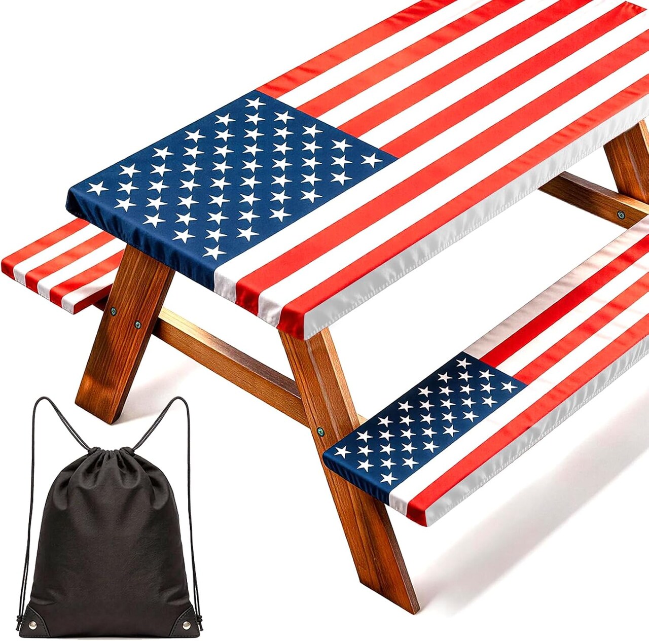 6FT American Flag Picnic Table Cover Set – Waterproof Elastic Fitted Tablecloth with Bench Covers for 4th of July, USA 250th Anniversary, Veterans Day & Outdoor Camping Decorations (72 x 30 Inch)
